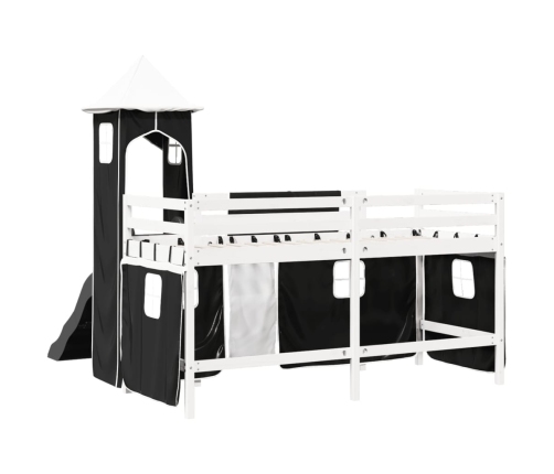 Cama alta niños con torre madera pino blanco negro 90x190 cm