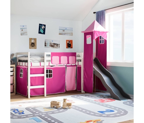 Cama alta para niños con torre madera pino rosa 90x190 cm