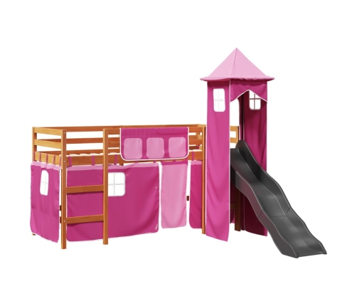 Cama alta para niños con torre madera pino rosa 90x190 cm