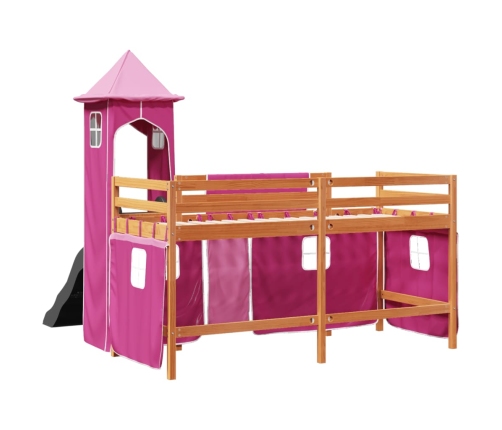 Cama alta para niños con torre madera pino rosa 90x190 cm