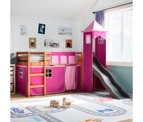 Cama alta para niños con torre madera pino rosa 90x190 cm