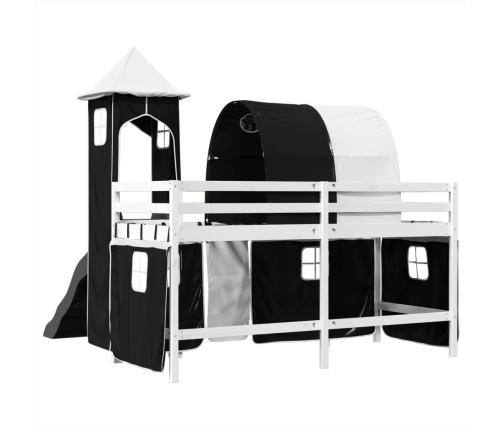 Cama alta niños con torre madera pino blanco negro 80x200 cm