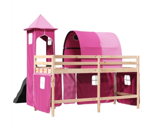 Cama alta para niños con torre madera pino rosa 90x200 cm