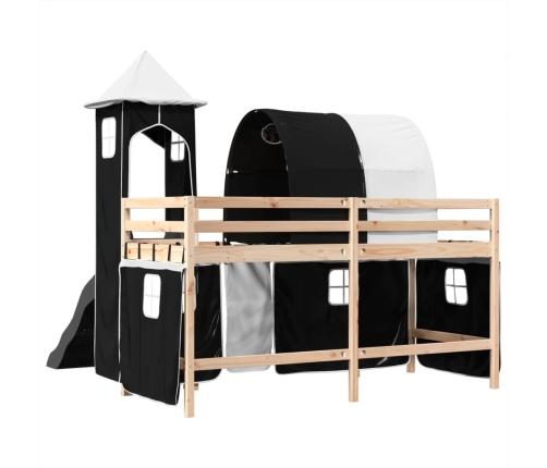 Cama alta niños con torre madera pino blanco negro 90x190 cm