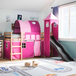 Cama alta para niños con torre madera pino rosa 90x190 cm