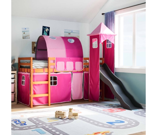 Cama alta para niños con torre madera pino rosa 90x190 cm