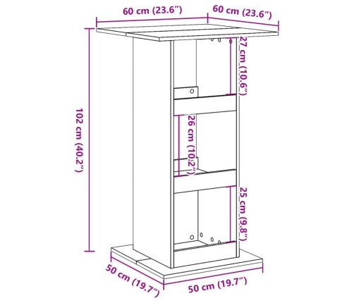 Mesa alta bar con almacenaje madera envejecida 60x60x102 cm
