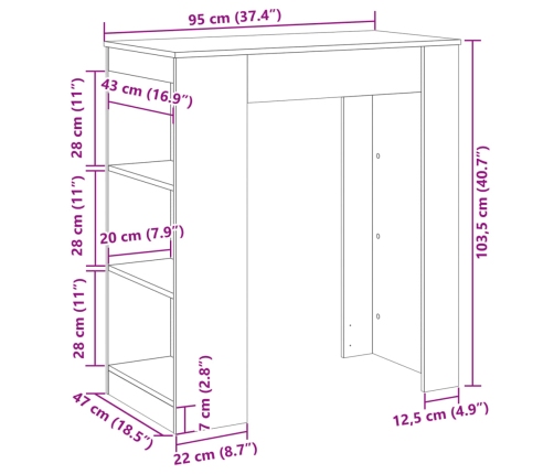 Mesa alta bar con estantes marrón roble 95x47x103,5 cm