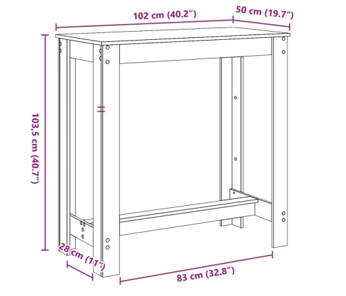 Mesa alta de bar madera ingeniería blanca 102x50x103,5 cm