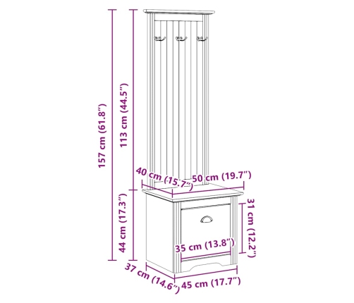 Mueble de entrada con ganchos BODO blanco y marrón 50x40x157 cm