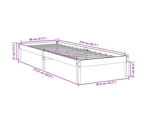 Cama extralarga sin colchón madera maciza pino blanca 80x210 cm