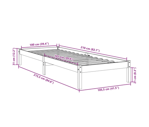 Cama extralarga sin colchón madera maciza de pino 100x210 cm