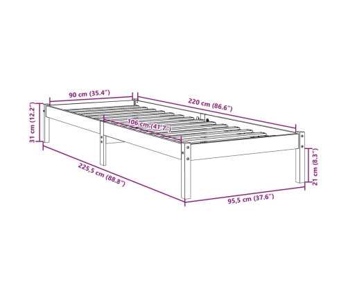 Cama extralarga sin colchón madera maciza pino blanca 90x220 cm