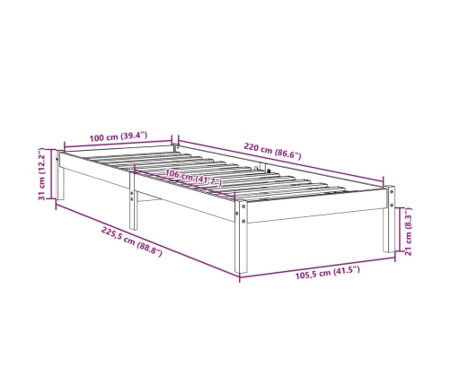 Cama extralarga sin colchón madera maciza de pino 100x220 cm