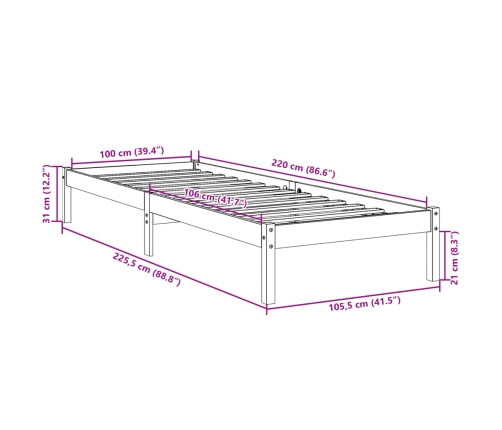 Cama extralarga sin colchón madera maciza pino blanca 100x220cm