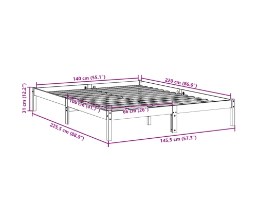 Cama extralarga sin colchón madera maciza pino blanca 140x220cm