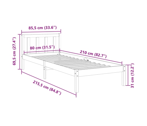 Cama extralarga sin colchón madera maciza de pino 80x210 cm