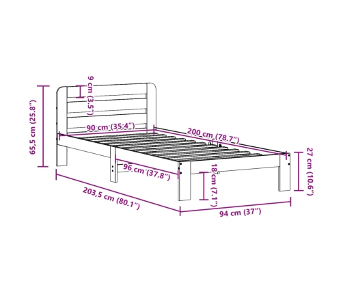 Estructura de cama sin colchón madera maciza de pino 90x200 cm