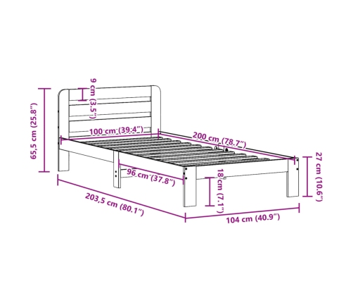 Estructura de cama sin colchón madera maciza de pino 100x200 cm