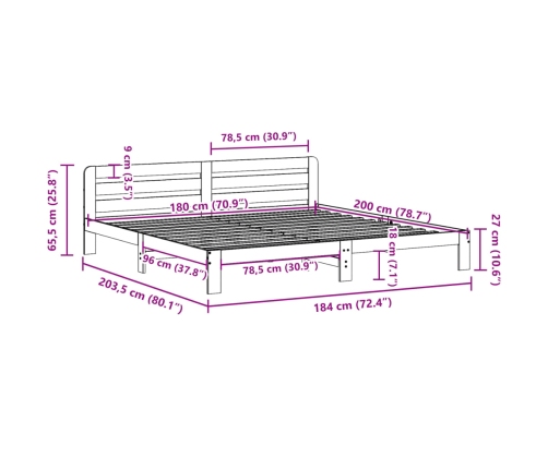 Cama sin colchón madera maciza de pino marrón cera 180x200 cm