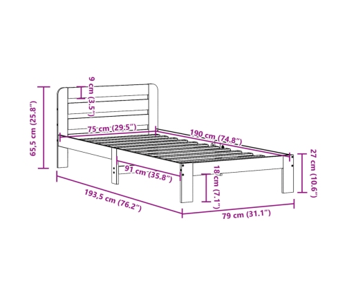 Estructura de cama sin colchón madera maciza pino 75x190 cm