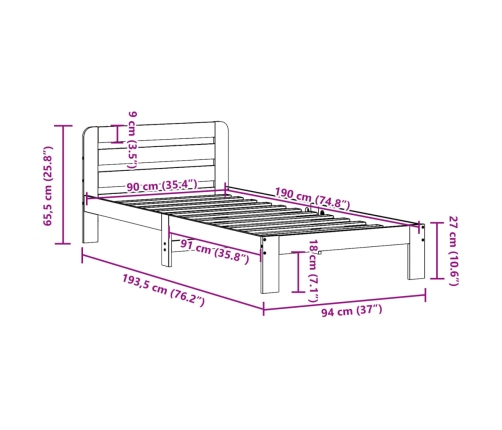 Estructura de cama sin colchón madera maciza marrón 90x190 cm