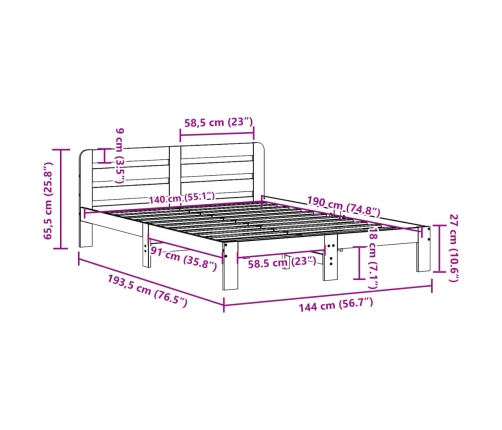 Estructura de cama sin colchón madera maciza de pino 140x190 cm