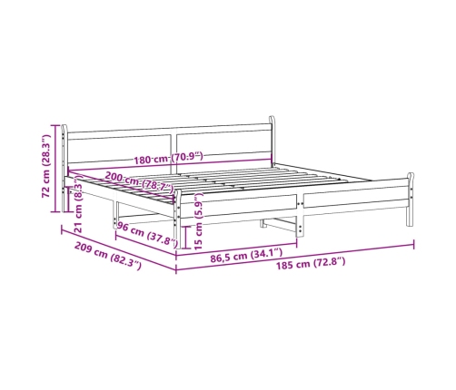 Estructura de cama sin colchón madera maciza de pino 180x200 cm