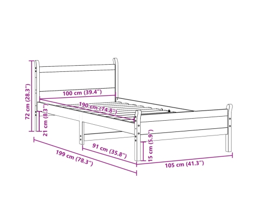 Estructura de cama sin colchón madera maciza de pino 100x200 cm