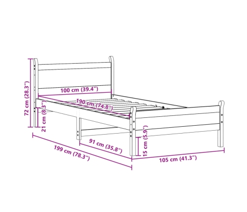 Cama sin colchón madera maciza de pino marrón cera 100x200 cm