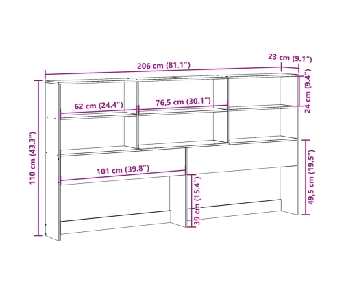 Cabecero de cama con almacenaje madera maciza de pino 200 cm