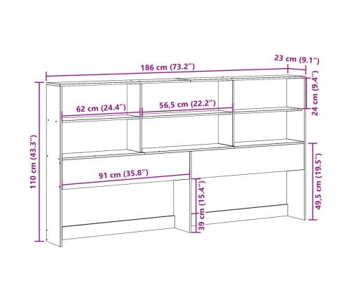 Cabecero de cama con almacenaje madera maciza de pino 180 cm