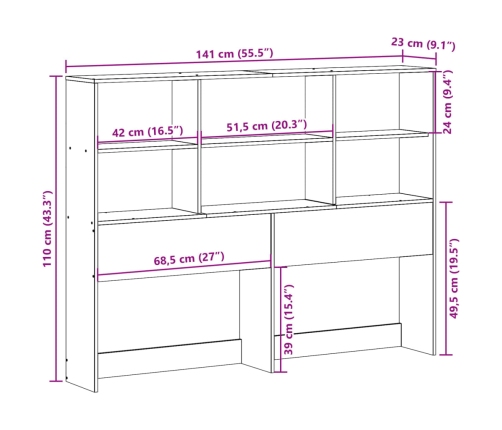 Cabecero de cama con almacenaje madera maciza de pino 135 cm