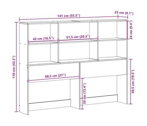 Cabecero de cama almacenaje madera maciza pino blanco 135 cm