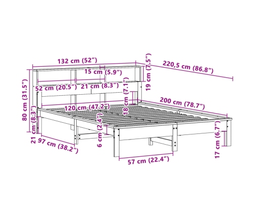 Cama con estantería sin colchón madera maciza de pino 120x200cm