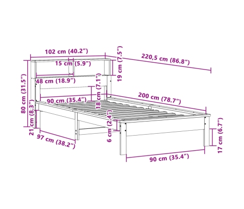 Cama con estantería sin colchón madera maciza blanco 90x200 cm