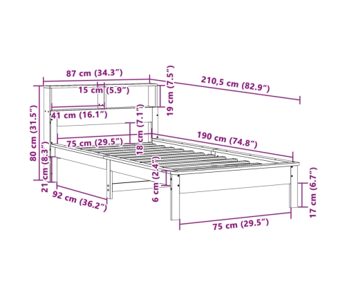 Cama con estantería sin colchón madera maciza marrón 75x190 cm