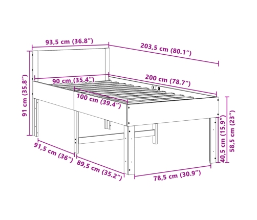 Estructura de cama sin colchón madera maciza de pino 90x200 cm