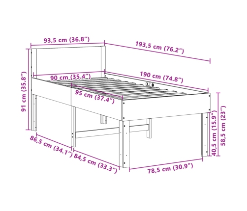 Estructura de cama sin colchón madera maciza de pino 90x190 cm