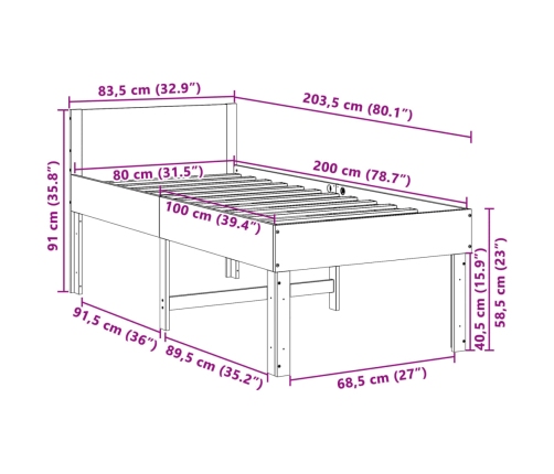 Cama sin colchón madera maciza pino marrón cera 80x200 cm