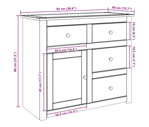 Aparador con cajones Panama madera maciza pino 93x40x80 cm