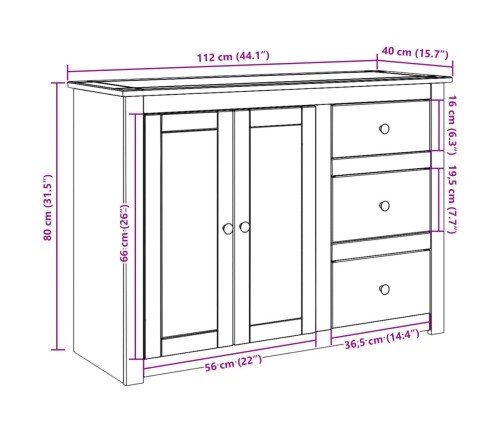 Aparador con cajones Panama madera maciza pino 112x40x80 cm