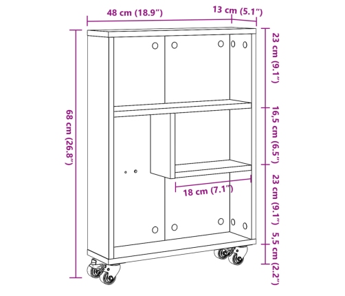 Carrito de almacenaje estrecho madera roble Sonoma 48x13x68 cm