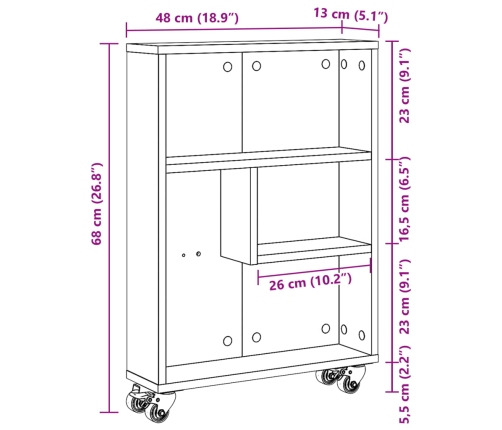 Carrito de almacenaje estrecho madera roble ahumado 48x13x68 cm