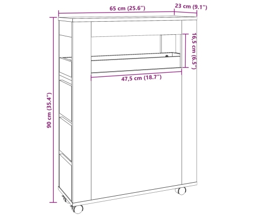 Armario de baño estrecho con ruedas madera roble ahumado