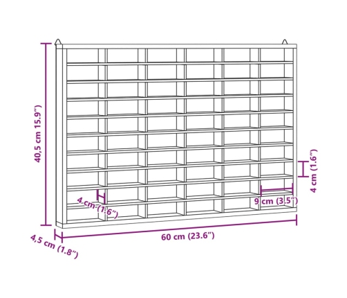 Mueble expositor de pared con 60 compartimentos 60x4,5x40,5 cm