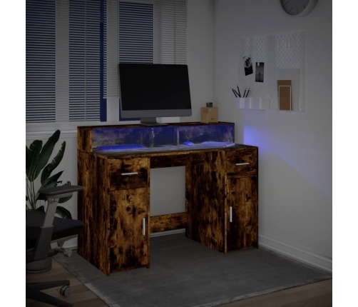 Escritorio con LED madera ingeniería roble ahumado 120x55x91 cm