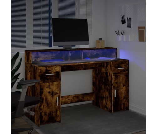 Escritorio con LED madera ingeniería roble ahumado 140x55x91 cm