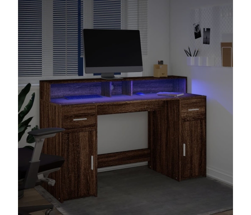 Escritorio con LED madera ingeniería marrón roble 140x55x91 cm