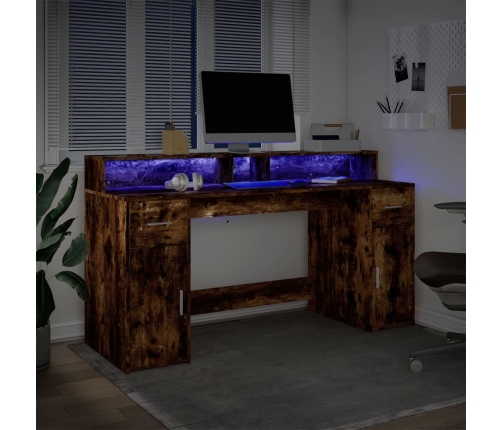 Escritorio con LED madera ingeniería roble ahumado 160x55x91 cm